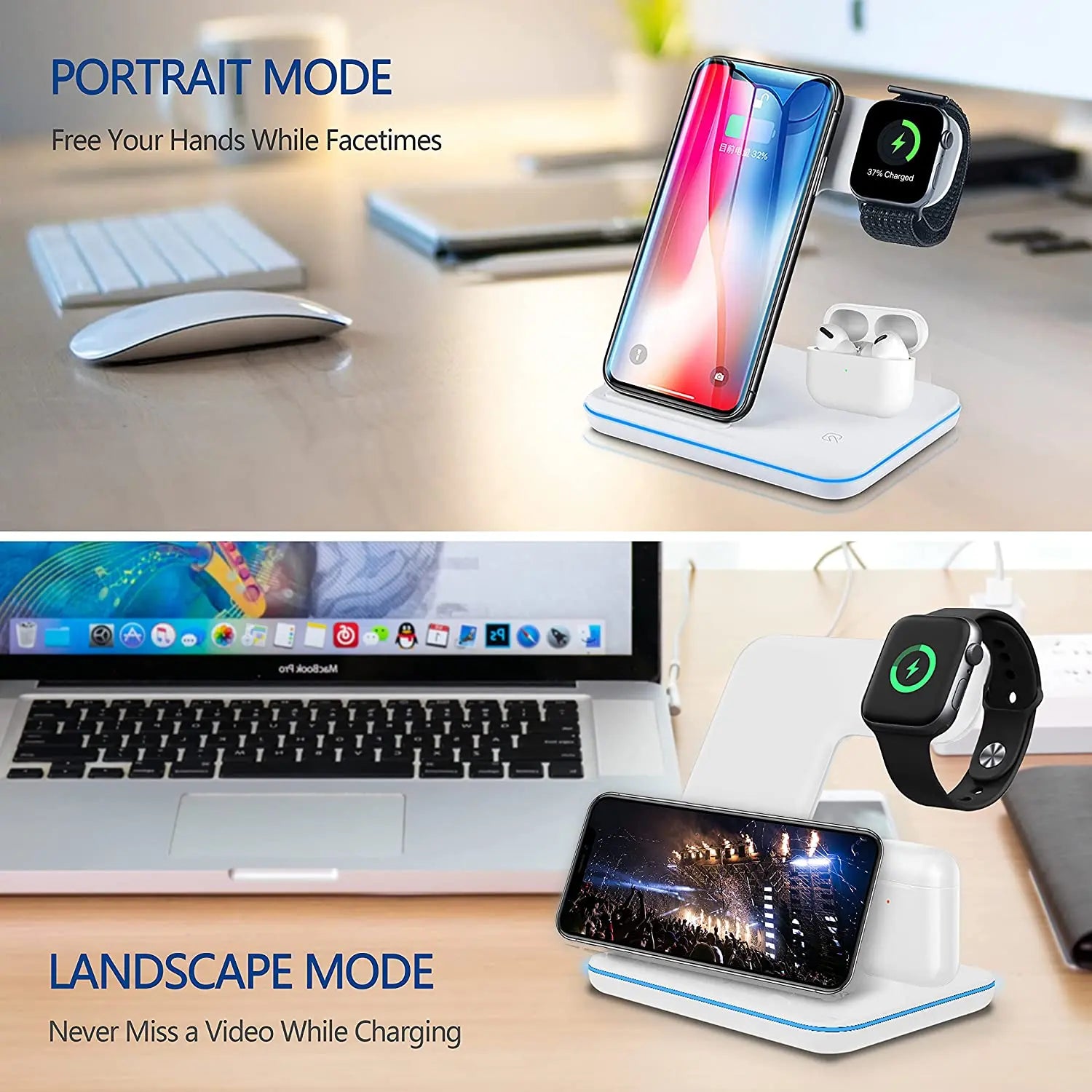 Wireless Charger Stand 3in1 15W Fast Charging Docking Station for AirPods Pro Apple Watch iPhone Wireless Charger Stand 3in1 15W Fast Charging Docking Station for AirPods Pro Apple Watch iPhone